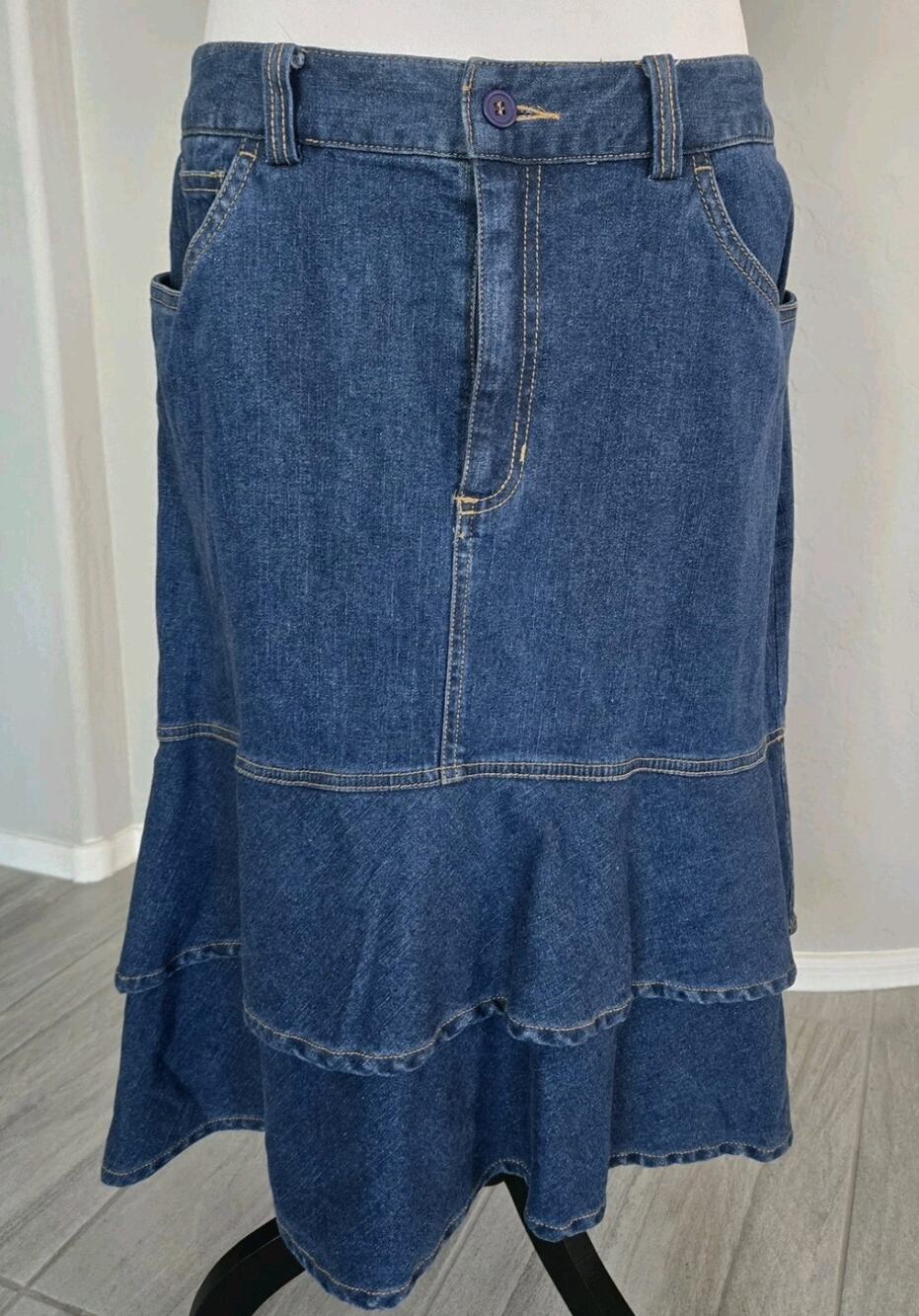 Boho Country Two Tiered Flared Denim Midi Skirt Metrostyle Sz 14 NEW Old Stock